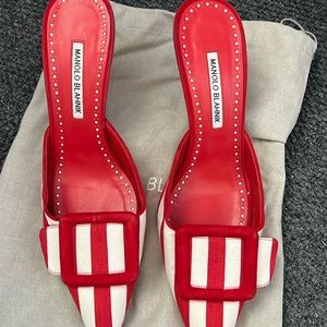 Manolo Blahnik Maysalebi Striped Kitten Heel Mules